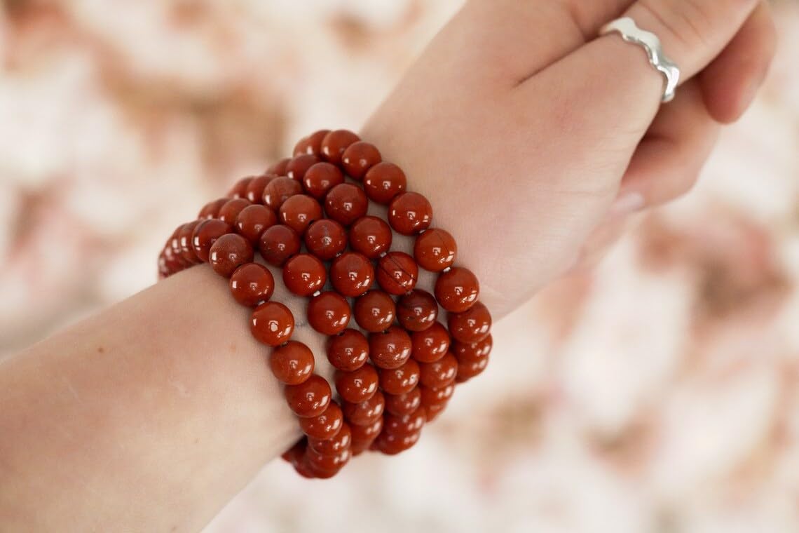 Braccialetto in diaspro rosso fatto a mano con pietre semipreziose naturali da 10 mm, perline rotonde lisce ed elastiche, braccialetto bohémien, braccialetto per meditazione spirituale, regolabile,
