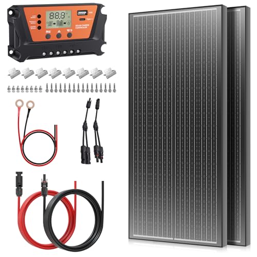 Rvpozwer 200 Watt Solar Panel Kit,12V/24V/100W*2 Monocrystalline PV Module,30A Charge Controller,High Efficiency PV Module for RVs, Rooftops, Caravans and Off-Grid Systems (2x100W kit)