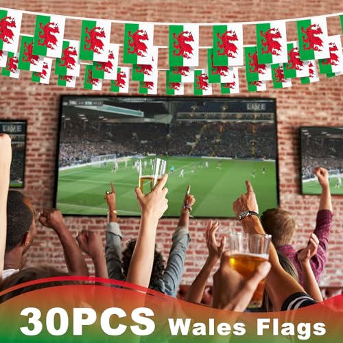 Image of Wales String Flag Pennant Banner, Small Mini Welsh Flags Bunting Banner, National Country Decoration for School, Party, Sports Events, Patriotic Festival, 33 Feet 30 Flags