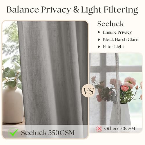 Image of Grey Linen Semi Sheer Pinch Pleated 40x108 Inch Curtains for Living Room | Gray, Floor To Ceiling 108 inch Extra Long, Light Filtering Privacy, Bedroom, Burlap Textured, Hook Rings Memory Shape Drapes