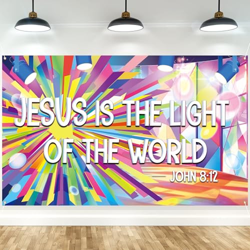 VBS 2026 Backdrop Jesus is The Light of The World Hanging Banner Bible Verse Photography Background Colorful Stage Light Photo Booth Prop for Church Vacation Bible School Christian Party Decoration