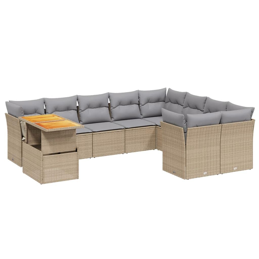 Set Divano da Giardino 10 pz con Cuscini Beige in Polyrattan,Set di Conversazione per Patio,Set Salotto da Esterno,Set Divano da Giardino Esterno-3271017