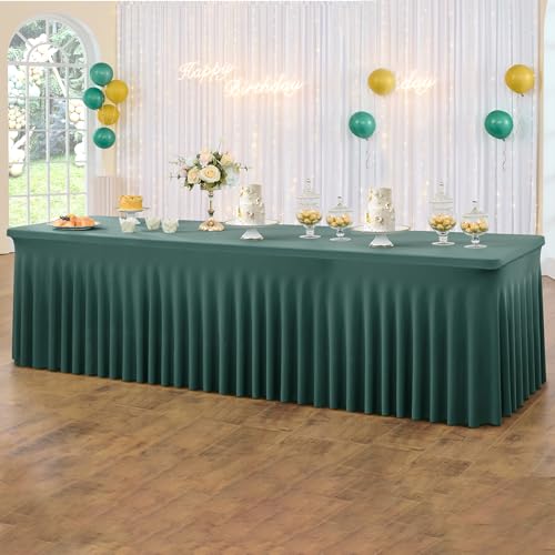 Image of Hunter Green Spandex Table Clothes for 8 Foot Rectangle Tables, Wrinkle Free Fitted Tablecloth Cover 8ft Green Stretchy Tablecloths with Skirt for Parties Weddings Birthday Banquet Baby Shower