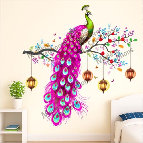 Image of Peacock Wall Sticker Vinyl, Colourful Wall Art Decal with Hanging Lanterns, Decorative Sticker for Living Room, Multi-Colour