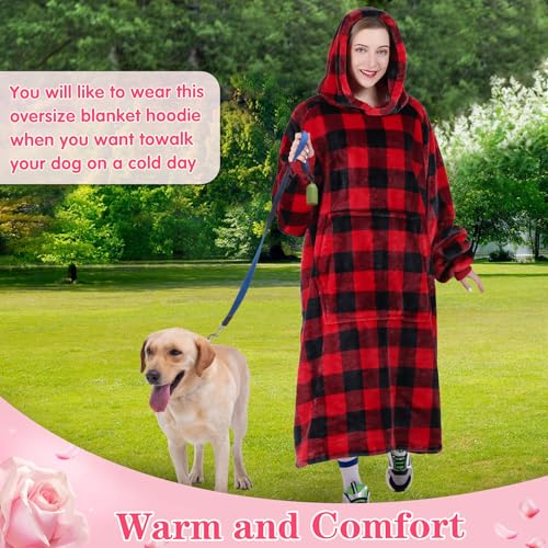 Image of Waitu Wearable Blanket Hoodie Sweatshirt Gifts for Adult and Child, Warm and Cozy Giant Hoodie Blanket for Women and Men, Flannel Blanket with Sleeves - Red and Black Plaid