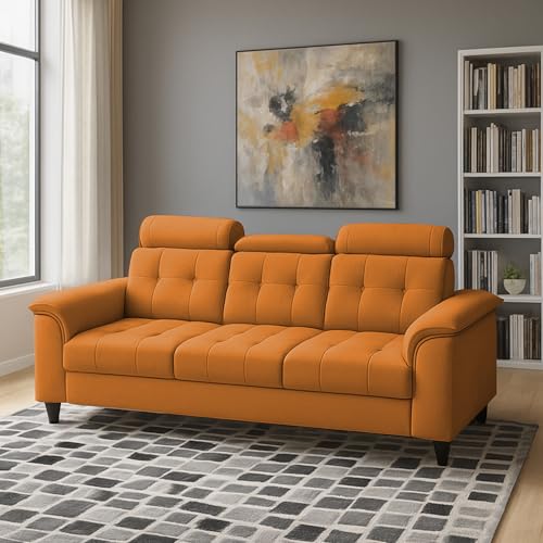 Image of Casaliving Ella 3 Seater Sofa Set for Living Room (Orange Colour Fabric) Premium Fabric Sofa