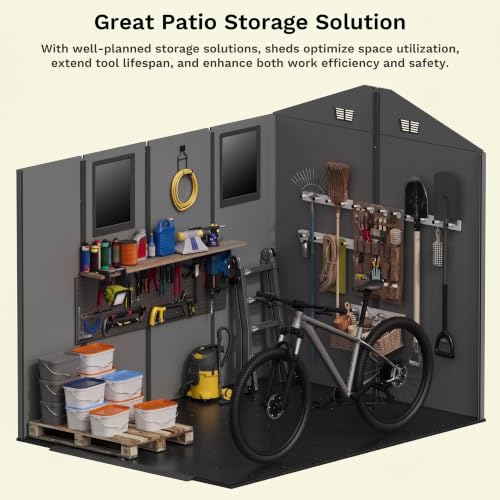 Image of Devoko 6x8 FT Resin Storage Shed with Floor, Outdoor Plastic Garden Shed with Window, Waterproof Tool Storage Shed with Lockable Door for Backyard, Patio, Lawn, Dark Gray