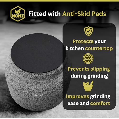 Image of NOMZ Mortar and Pestle Set for Kitchen - Natural Stone Grinder (Khalbatta) with Anti-Scratch Pad & Silicone Spatula - 1.5 Cup, 5.5 Inch Diameter