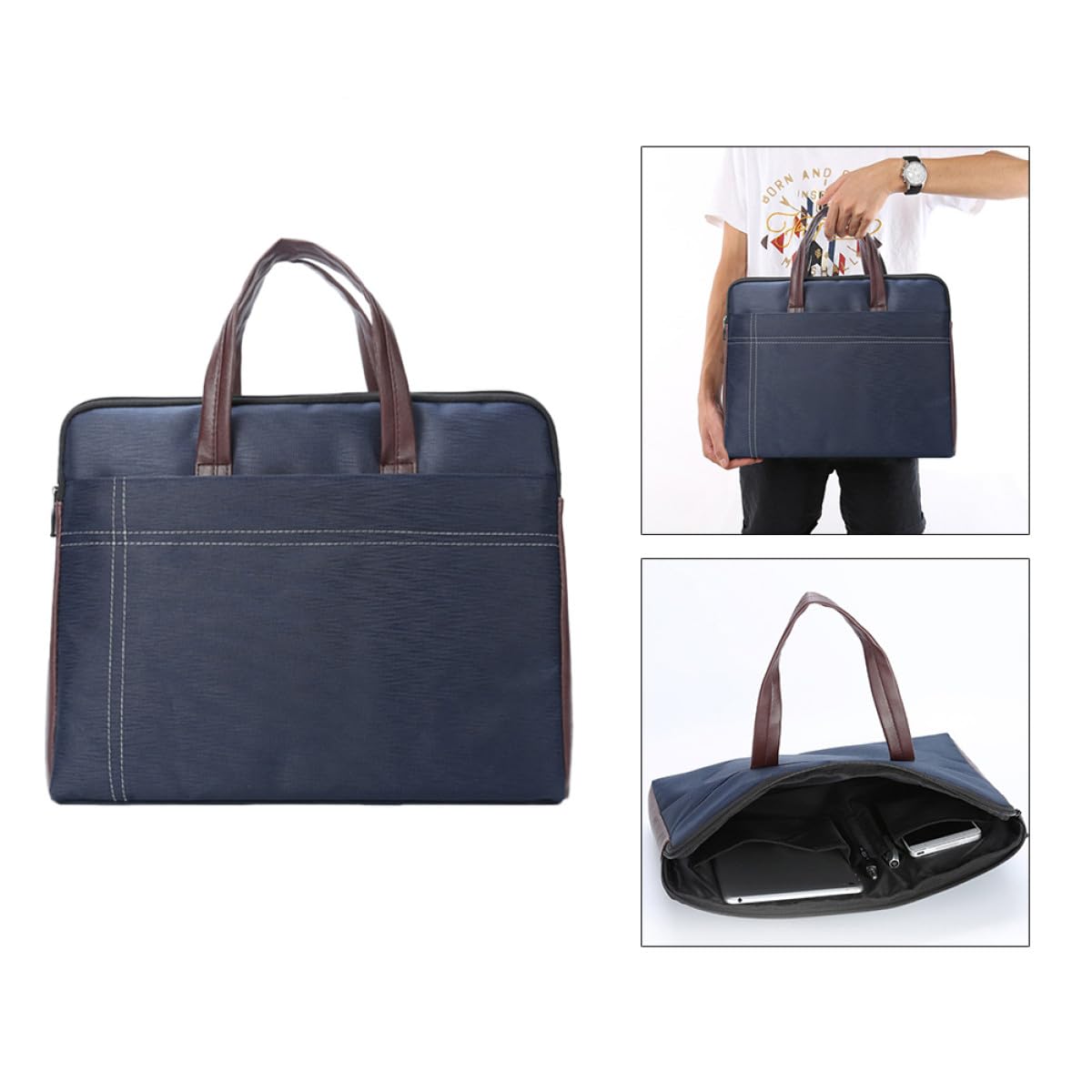 Borsa Porta Documenti Uomo in Tessuto Blu Chiusura a Zip, Tasca Anteriore e Scomparto Principale, per Riunioni e Viaggi di Lavoro