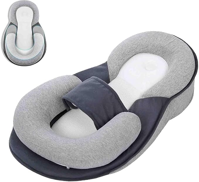Coussin cale pour nouveau-né - Coussin de soutien pour nouveau-né - Coussin d'allaitement pour réduire les crachats - Avec sangle de sécurité (gris)