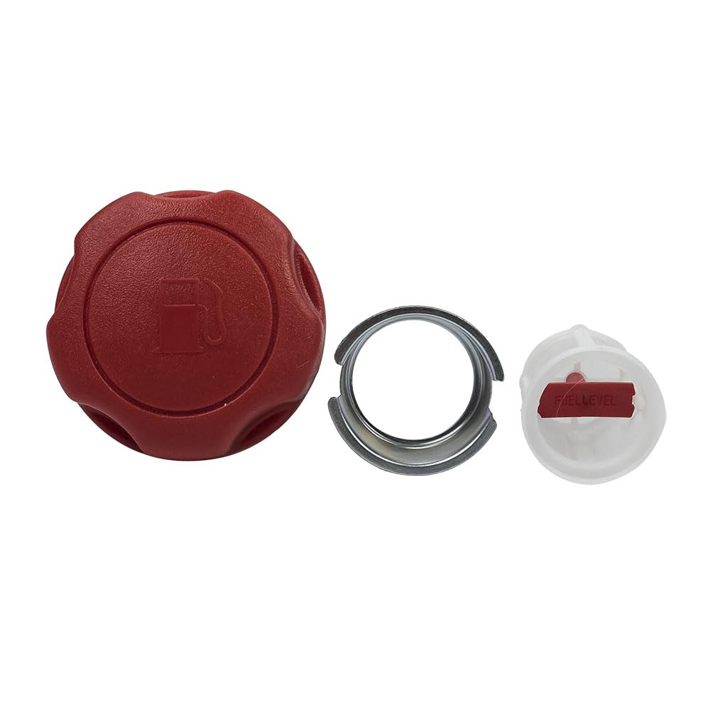 Ariens Fuel Filler Neck Kit components: red fuel cap, metal insert, and white fuel filter/strainer.