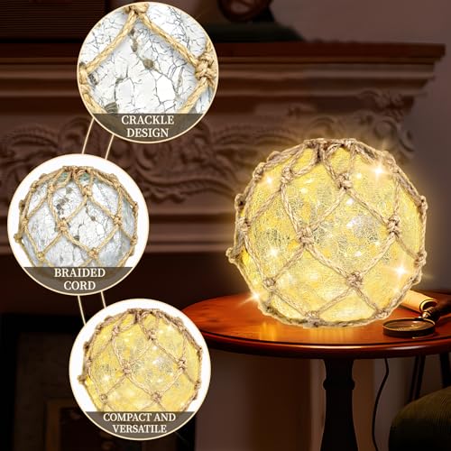 5.91" Glass Fishing Float Night Light – Cracked Glass Ball, Battery Powered Nautical Lamp for Coastal Beach Decor - Image 4
