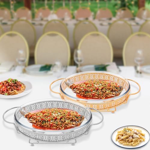 Xuthusman 2L Stainless Steel Oval Chafing Dish Buffet, Ceramic Marble Finish Chafer with Glass Lid, Chafer and Buffet Warmer Set for Buffet Weddings Parties Banquets, Golden (Gold)