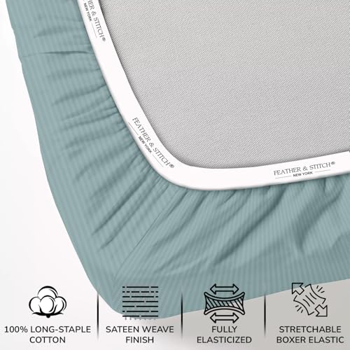 Image of Feather & Stitch 500 TC Split King Size Damask Bed Sheet Set, 100% Cotton Soft Breathable Bedsheets, 5 Piece 18 inch Deep Pockets Sateen Weave Striped Bedding - (Granite Green Stripe)