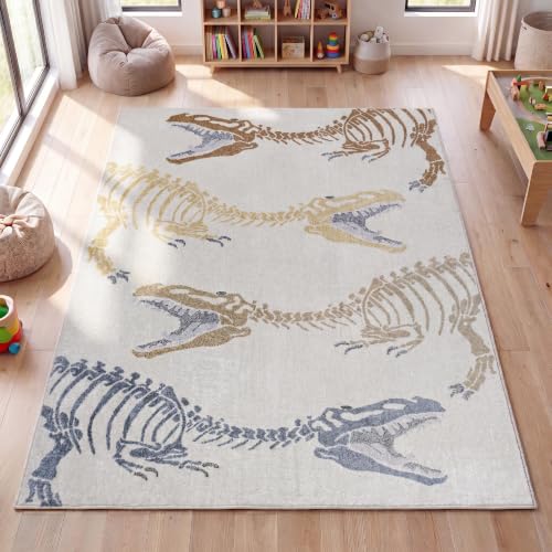 JONATHAN Y Machine-Washable Cream/Multi Indoor Area Rug 3x5 Kingdarr T-Rex Modern Casual Kids & Novelty for Living Room Dining Room Bedroom Kitchen Easy-Cleaning Non-Shedding (KDW103A-3)