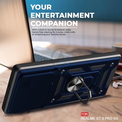Image of AESTMO Tough Armor Realme GT 8 Pro 5G Bumper Back Case Cover | Ring Holder & Sliding Camera Shield Cover | 360 Degree Protection Back Case Cover for Realme GT 8 Pro 5G (Blue)