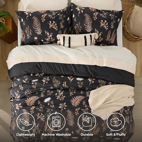 Image of Bedsure Comforter Set Queen Size - Floral Bedding Comforter Set, 3 Pieces, 1 Soft Black Comforter and 2 Pillow Shams