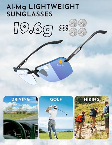 Image of BIRCEN Mens Metal Photochromic Sunglasses: UV Protection Al-Mg Sun Glasses Ultra-light Rimless Shades for Driving Cycling