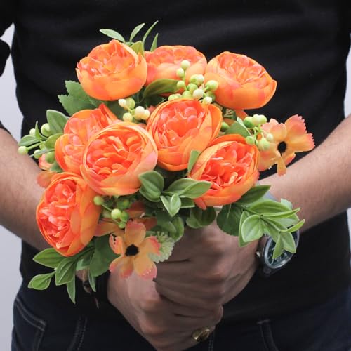 Image of TIED RIBBONS 2 Pcs Artificial Rose Peony Flowers Bunch Sticks for Decoration (Orange) Decorative Items for Home Table Vase Pot Craft Living Room Bedroom Office Restaurant (Without Vase) - Polyester