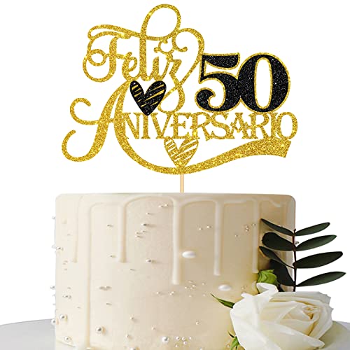 Gold Glitter Feliz 50 Aniversario Cake Topper - for 50th Wedding Anniversary/Happy 50th Birthday Party Decorations Supplies, Cheers to 50 Years Sign
