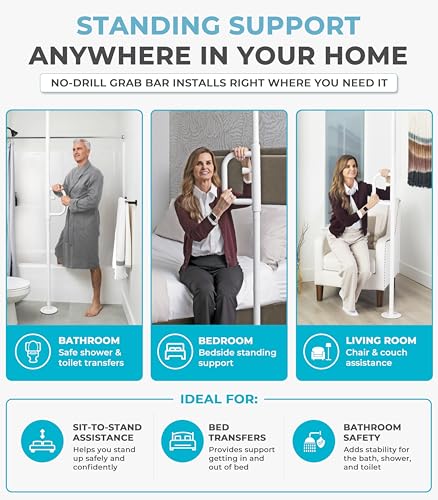 Image of Stander Wonder Pole with Rotating Single Grab Bar, Tension Mounted Floor to Ceiling Transfer Pole for Seniors & Elderly Adults, No-Drill Support Rail with Assist Handle for Home & Bath Safety, White