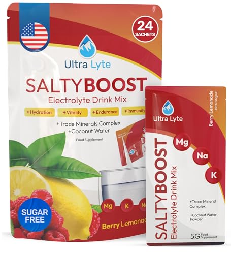 Ultra Lyte Mezcla de bebidas electrolíticas, polvo de limonada de bayas saladas sin azúcar, 24 sobres con alto contenido de sodio, oligoelementos y agua de coco, hidratación para entrenamiento,