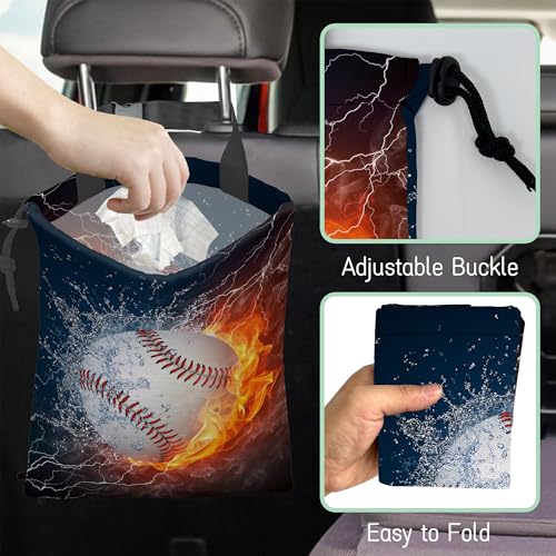 Image of Baseball Ball Car Garbage Bag,Fire Ball Waterproof Small Car Trash Bag Hanging Back of Seat,Drawstring Hanging Car Trash Bag with Adjustable Buckle for Car Accessories