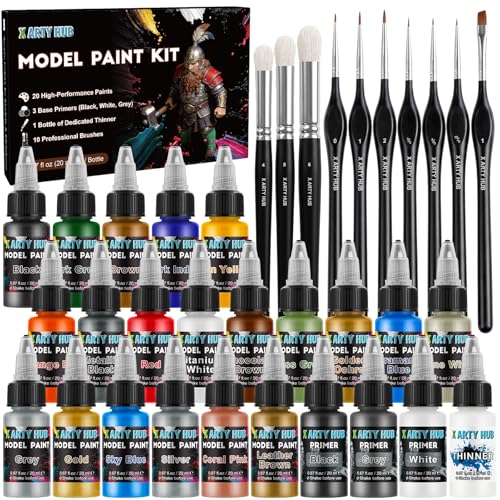 X ARTY HUB Model Paint Set 34-Piece Miniature Painting Kit for Figures 20 Acrylic Paints with 10 Brushes 3 Primers 1 Thinner Complete Hobby Paint Set for Model Car Miniature & Tabletop Wargaming