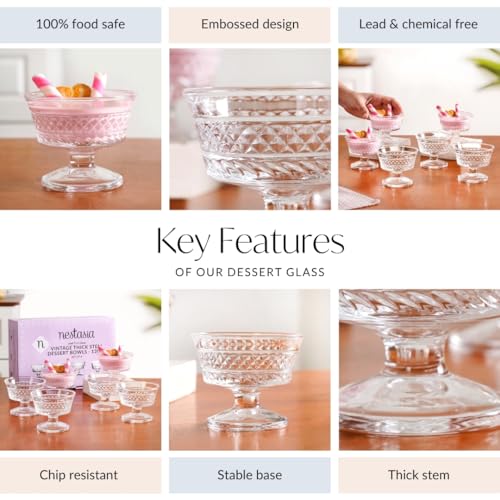 Image of Nestasia Transparent Glass Bowl Set of 6 for Ice Cream (120ml Each) - Diamond Textured Dessert Bowls for Sundae, Sweets & Pudding | Food Safe & Heat Resistant - Perfect for Gifting