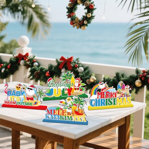 Image of 4pcs Summer Christmas Decorations Wood Table Centerpieces Baby It's Warm Outside Merry Christmas Party Table Decorations Mele Kalikimaka Santa Claus Style Tabletopper
