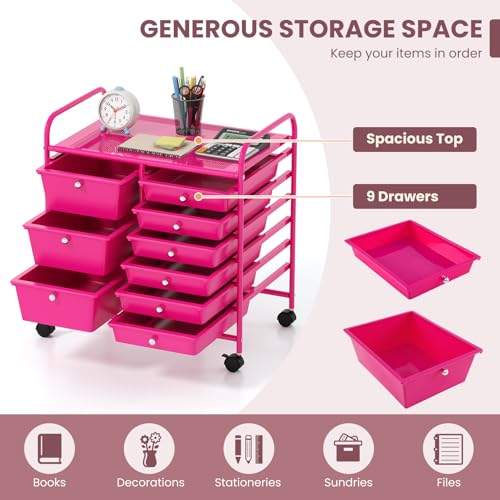 Image of LDAILY 9 Drawer Rolling Storage Cart, Rolling Cart with Drawers for Classroom, Art Supply Craft Organizer on Wheel with Metal Frame & Handles for Home Office School