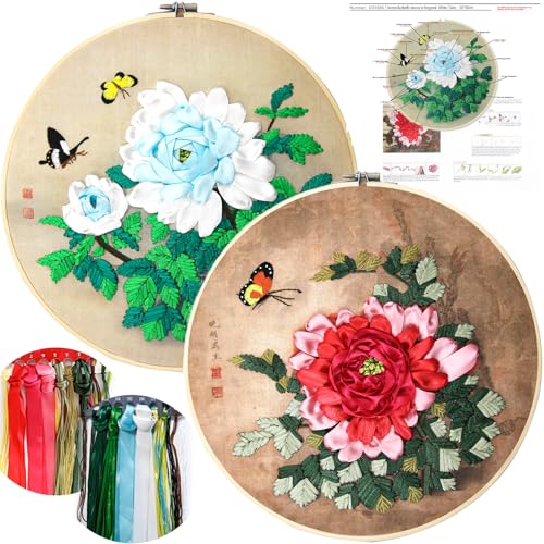 Image of FONNUY 2 Set Ribbon Embroidery 3D Flowers Pattern Design Kit Embroidery DIY Handwork Set Home Decoration, Easy to Follow Needlework, 12''
