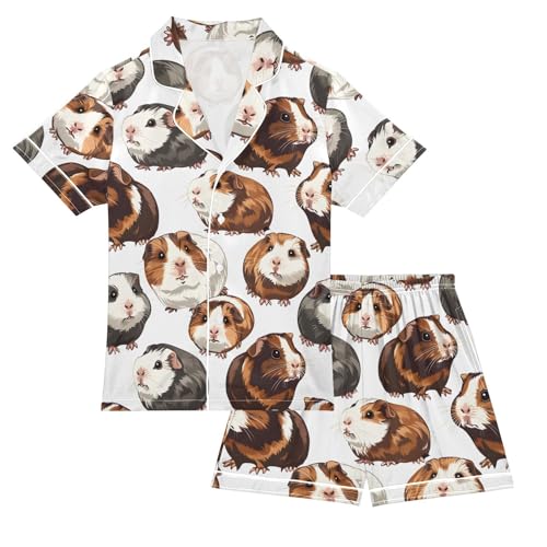 ALAZA Cute Pig Guinea Satin Pajamas Set Short Sleeve Button Down Sleepwear Summer Pjs 2 Piece
