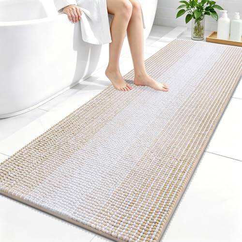 Image of OLANLY Bathroom Runner Rugs 59x24, Extra Soft Absorbent Chenille Striped Bath Rugs, Rubber Backing, Machine Wash Dry, Long Bath Mats for Bathroom, Tub, Shower, Home Decor Accessories, Beige