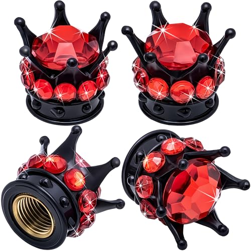 MEAJOO 4PCS Crown Bling Tire Stem Valve Caps, Crystal Diamond Car Wheel Tire Valve Caps Universal Copper Core Stem Covers for Cars, SUV, Trucks, Bikes, Motorcycles, Bicycles (Black & Red)