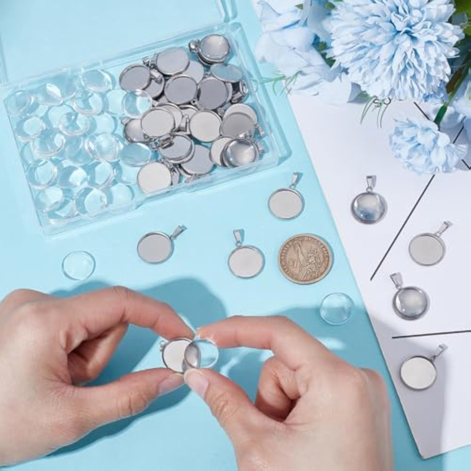 304 Stainless Steel Pendant Making Kits with Glass Cabochons