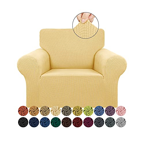 KEKUOU Stretch Single Sofa Slipcover 1 Piece Couch Sofa Cover (31"-55") Furniture Protector 1 Seater Sofa with Elastic Bottom for Kids,Pet.Jacquard Small Checked Pattern Fabric(Small,Champagne)