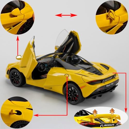 Image of 1:24 McLaren 720S Convertible Diecast Car | Alloy Metal Pull Back Toy Car with Openable Doors, Lights & Music | Model Car for Kids Boys Girls Gift & Collectors (Yellow)