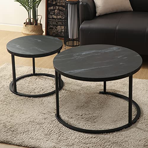 BIGTREE Couchtisch Rund, Wohnzimmertisch Modern, Satztisch 2er Set, Größe: 70x70x45cm, 50 x50x40cm, Beistelltisch Set aus Holz mit Metallgestell für Wohnzimmer Balkon Büro (Schwarz)