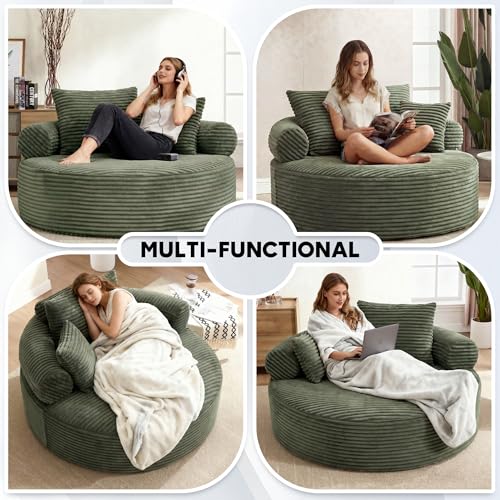 Image of Oversized Round Chair Lounge Chaise Indoor, 55.5 inch Upholstered Corduroy Deep Seat Single Cloud Sofa Chair, Fluffy Modern Large Circle Boneless Sleeper Sofa for Living Room, Bedroom, Green