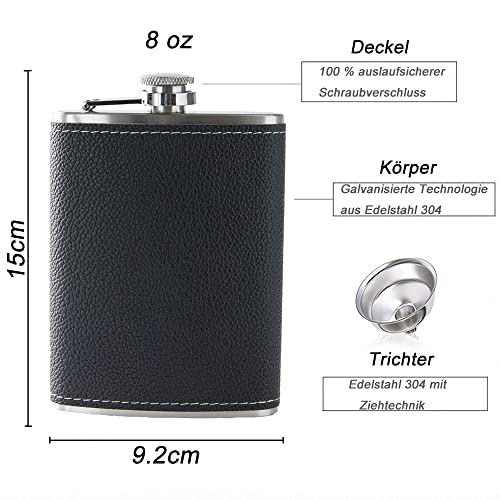 Image of ROIMOE Stainless Hip Flask Gift Set 8 Oz Hip Flask with Black Leather Cover Portable Steel Hip Flasks for Liquor with 2 Cups & Funnel Whiskey&Rum &Vodka Flasks for Drink Bar BBQ and Traveling
