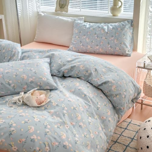 Freyamy Blumen Bettwäsche 135x200 Blau Rosa Floral Aesthetic Bettwäsche Set – Ansicht 2