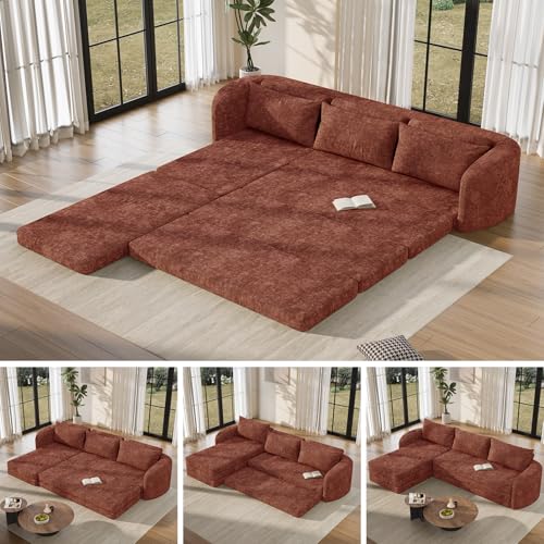 Image of Vesgantti 6 in 1 Convertible Folding Sleeper Sofa Bed, No Assembly, Orange | 110.2 inch L Shaped Modular Sectional Sofa, Curved Armrest, Deep Seat Boneless Couches for Living Room, Chenille, Left Facing