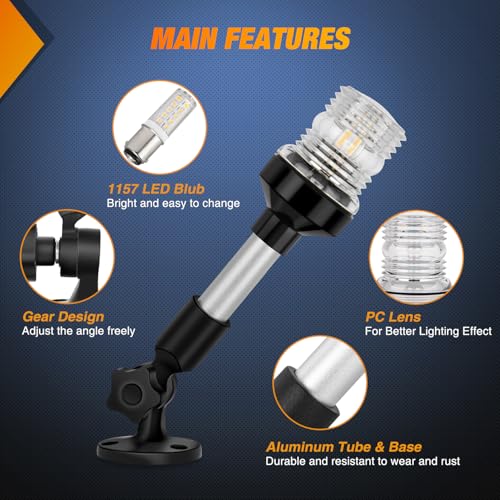 Image of Nilight Marine Boat Stern Light 9Inch White Fold Down Anchor Lights 12V 24V Waterproof 360 Lighting Navigation Lamp for Fishing Sailboat Yacht Pontoon Speedboat Dinghy