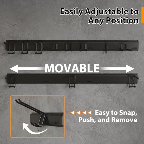 BONTEC Wandmontierter Werkzeughalter, 336 kg Tragfähigkeit, 3 Rail Panels, Verstellbare Garage Wandregale mit 8 Haken, Besenhalter, Gartengeräte Aufbewahrung, Stabil und Rostbeständig, Schwarz – Bild 4