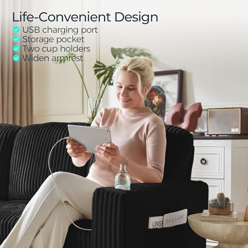 Image of LINSY HOME Sectional Sleeper Sofa with Pull Out Couch Bed - Convertible Plush Corduroy Cloud Couch with Storage Chaise & USB Charging, Comfy L Shaped Modular Couches for Living Room Apartment, Black