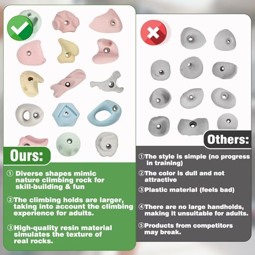 Qicrdvi Premium Rock Climbing Holds, Rock Climbing Grips for Adults & Kids with Full T-Nut Hardware Kit, Indoor Outdoor Home Climbing Wall, for Wood Walls (15Pcs-Wood)