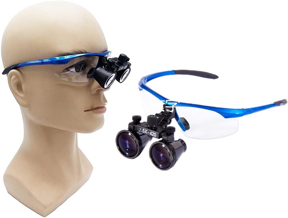 Medical Dental Surgical Binocular Loupes, 2.5X 420mm Adjustment Goggles Frame Binocular Magnifying Glasses Loupe with Antifog Blue