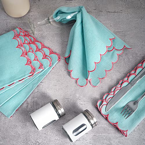 Image of FINGERCRAFT Scallop Edge Cloth Napkins | Set of 6 | 20x20 Inches | 100% Cotton | Table Napkins for Any Occasion | Washable, Perfect for Parties and Everyday Use (Aqua Flax, Set of 6)