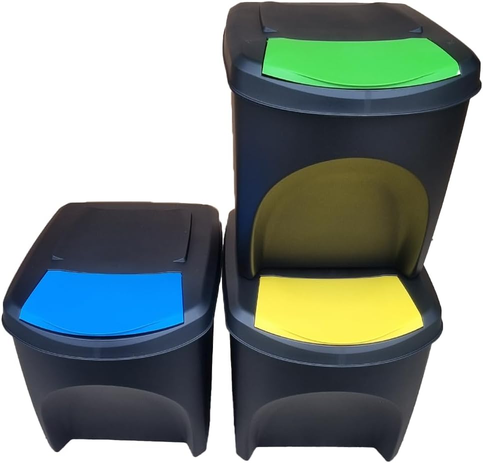 – Stolmet Large Stackable Recycling Bins Set of 3x25L (Brand KrysGo) - Customizable Lids with Recycling Stickers - Waste Sorting for Home, Kitchen, Office (Black + Multi Coloured)